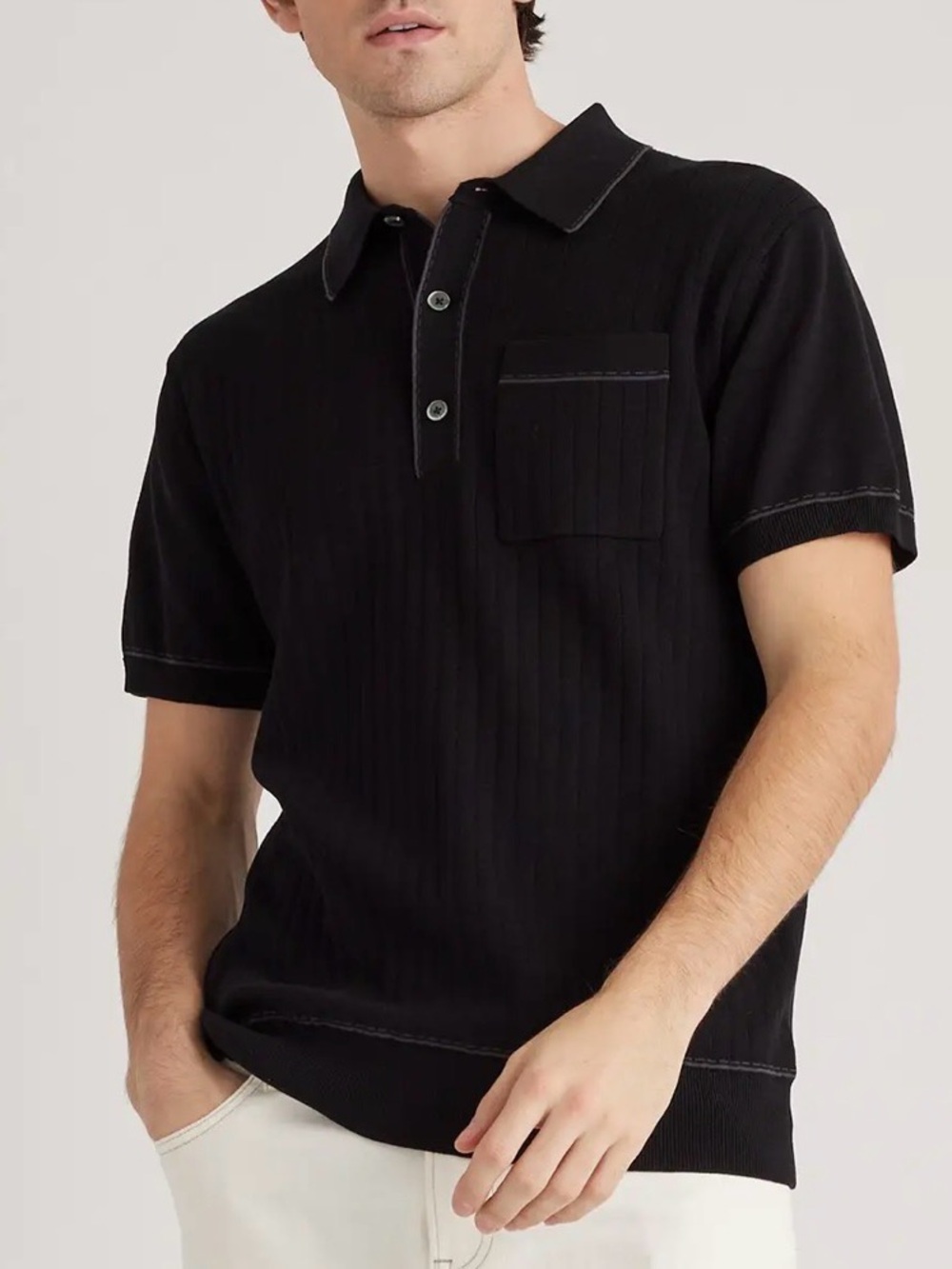 Quince Men's Organic Cotton-Silk Knit Polo Black Charcoal Sz XL